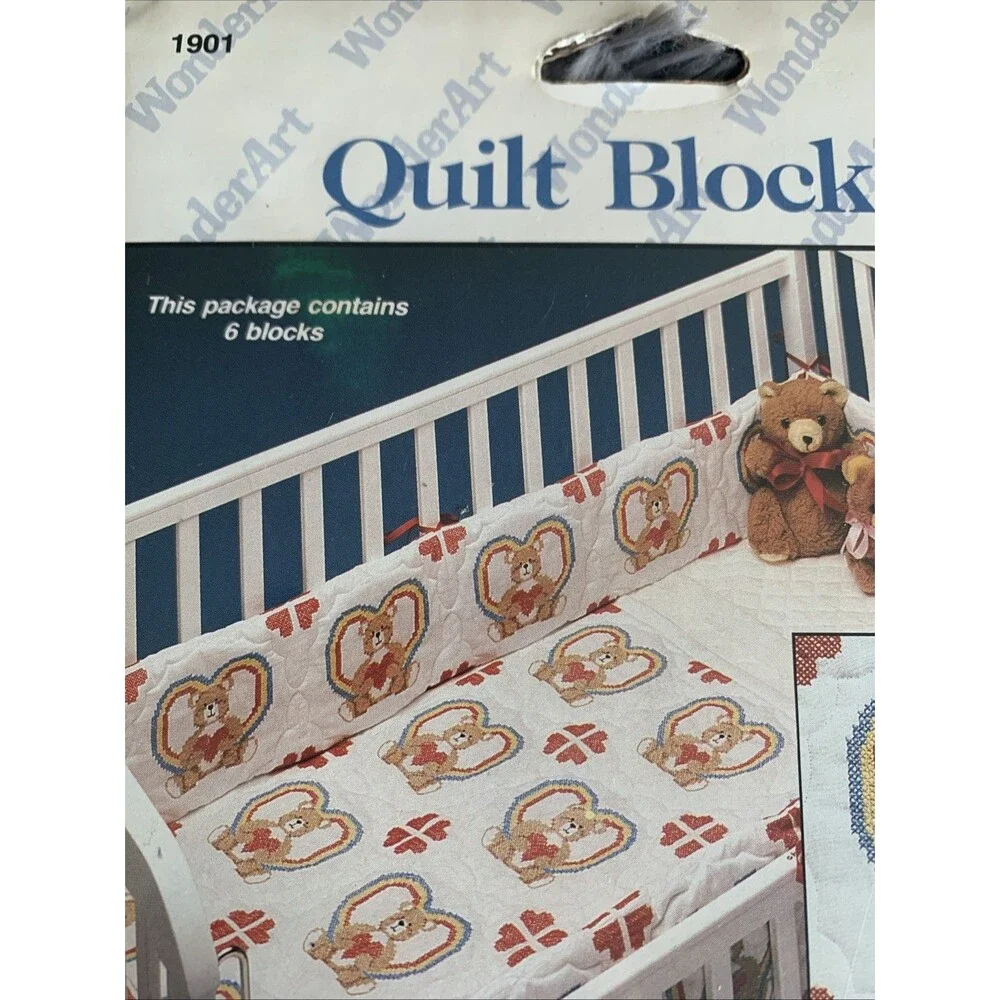 VTG WonderArt Quilt Block Pattern Sweetheart Bear #1901 Six 9x9 Blocks Sealed